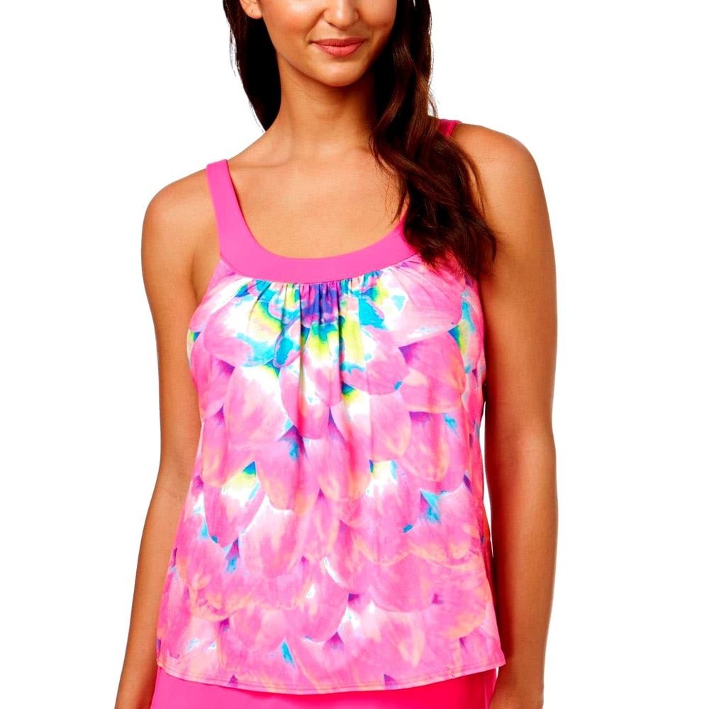 Coco Reef‎ Pink Floral Swim Tankini Top Built in Bra 34DD Underwire Adjustable